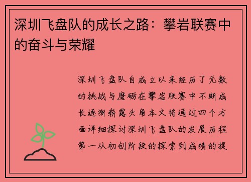 深圳飞盘队的成长之路：攀岩联赛中的奋斗与荣耀