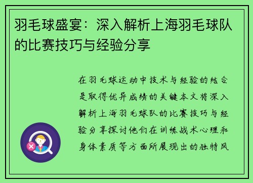 羽毛球盛宴：深入解析上海羽毛球队的比赛技巧与经验分享